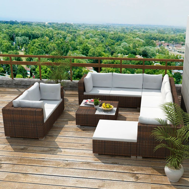 vidaXL 10 Piece Patio Lounge Set with Cushions Poly Rattan Brown-0