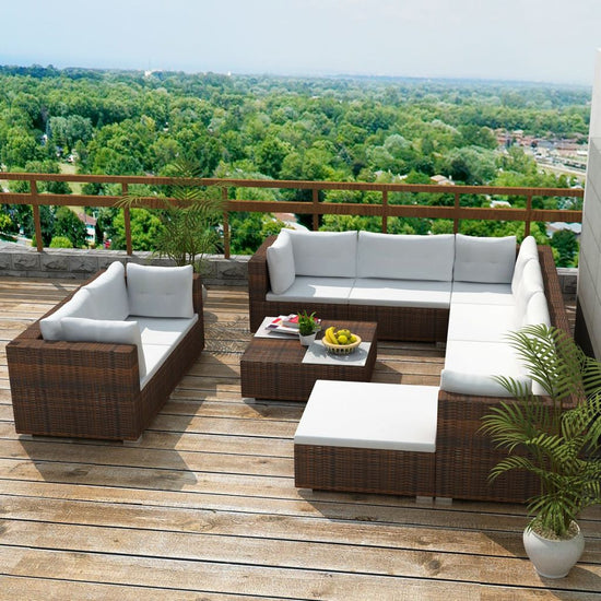 vidaXL 10 Piece Patio Lounge Set with Cushions Poly Rattan Brown-0