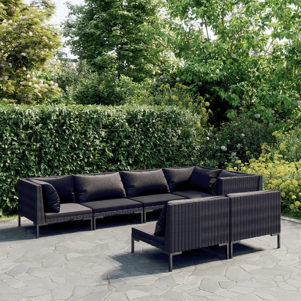 vidaXL 7 Piece Patio Lounge Set with Cushions Poly Rattan Dark Gray-0
